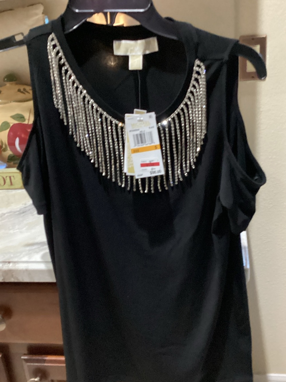 Michael Kors Black Cold ShoulderTop with Silver Fringe Embellishment